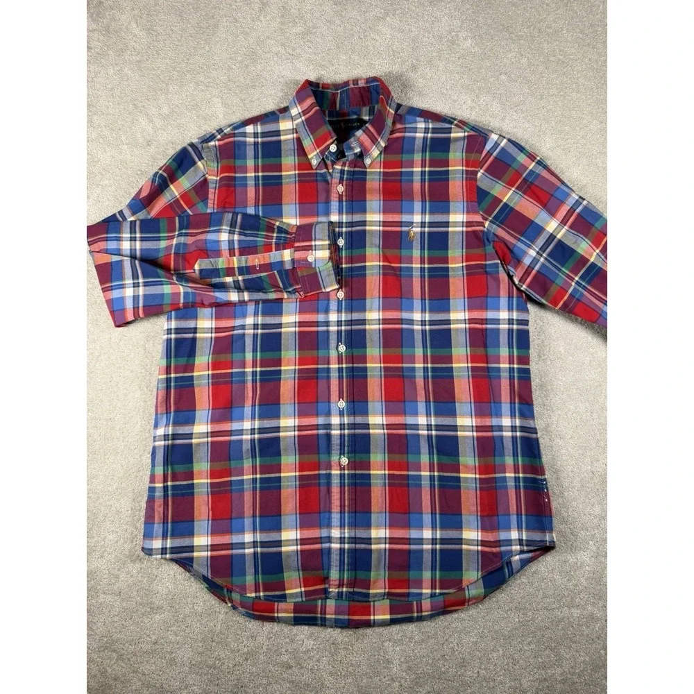 Ralph Lauren Men's L Madras Plaid Button Long Sleeve Cotton Shirt Flesh Pony